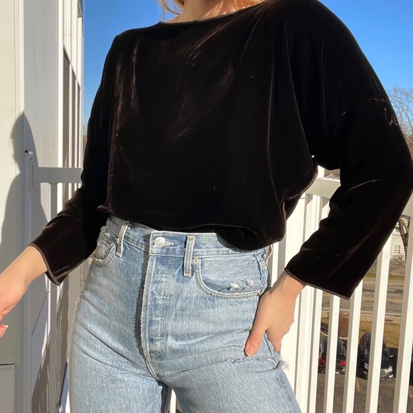 Zoran Velvet Top Vintage Silk Chocolate Brown Dolman Sleeve Boatneck Blouse - Picture 9 of 9